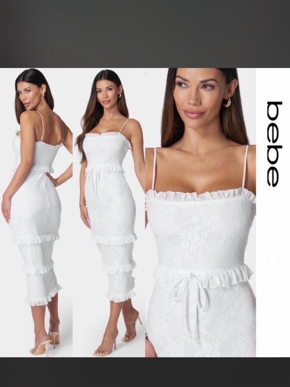 bebe White Lace Ruffle-Trim Midi Dress